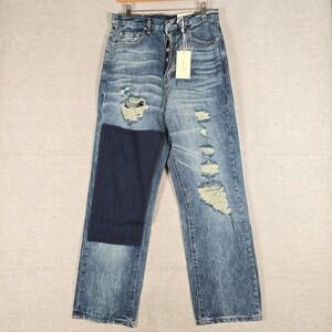MNML Ultra Baggy One Knee Thrashed Denim Blue Distressed Jeans M2024-D626-BLU-29